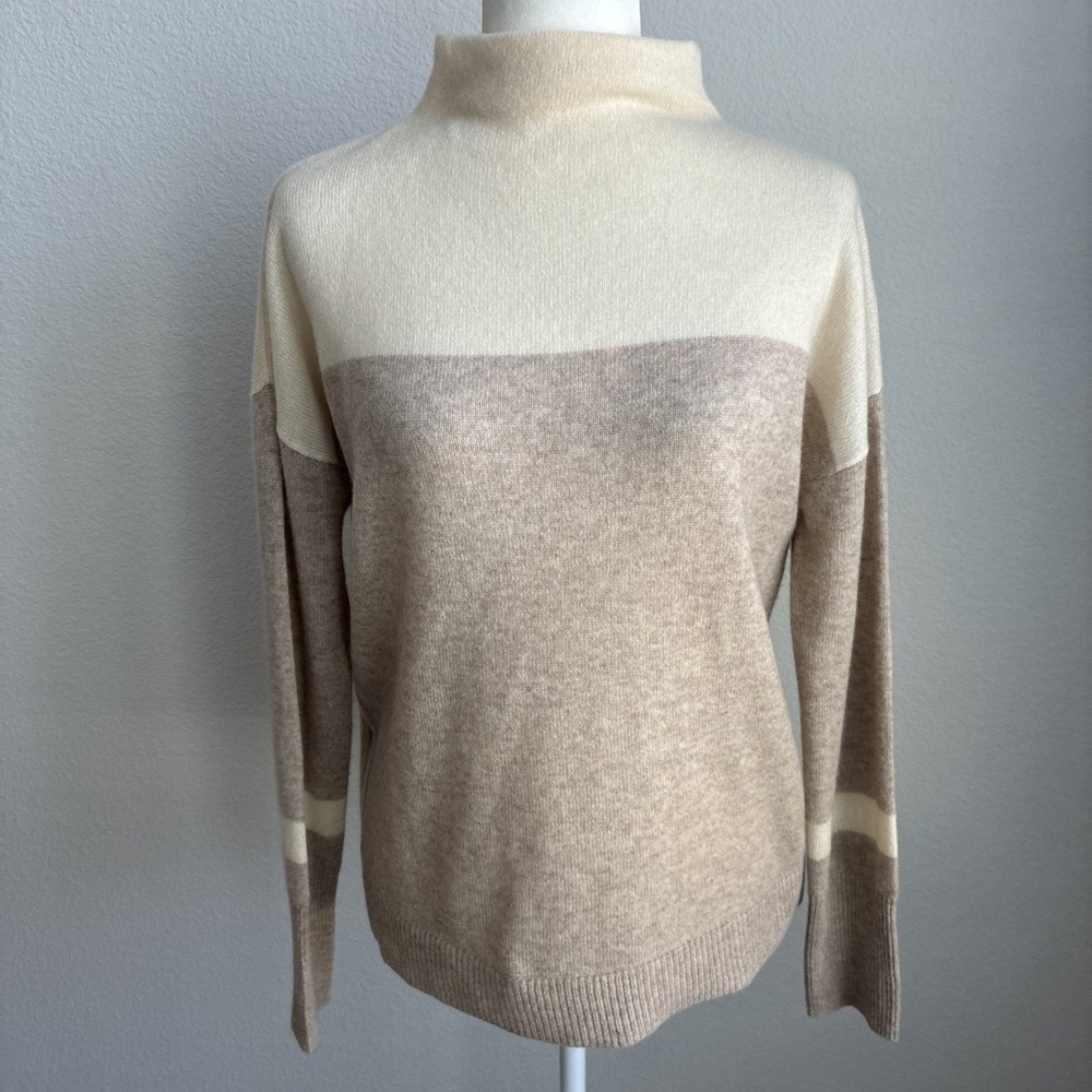 Tahari Pure Luxe Womens Cashmere Sweater Two Tone Colorblock Medium Cream Beige